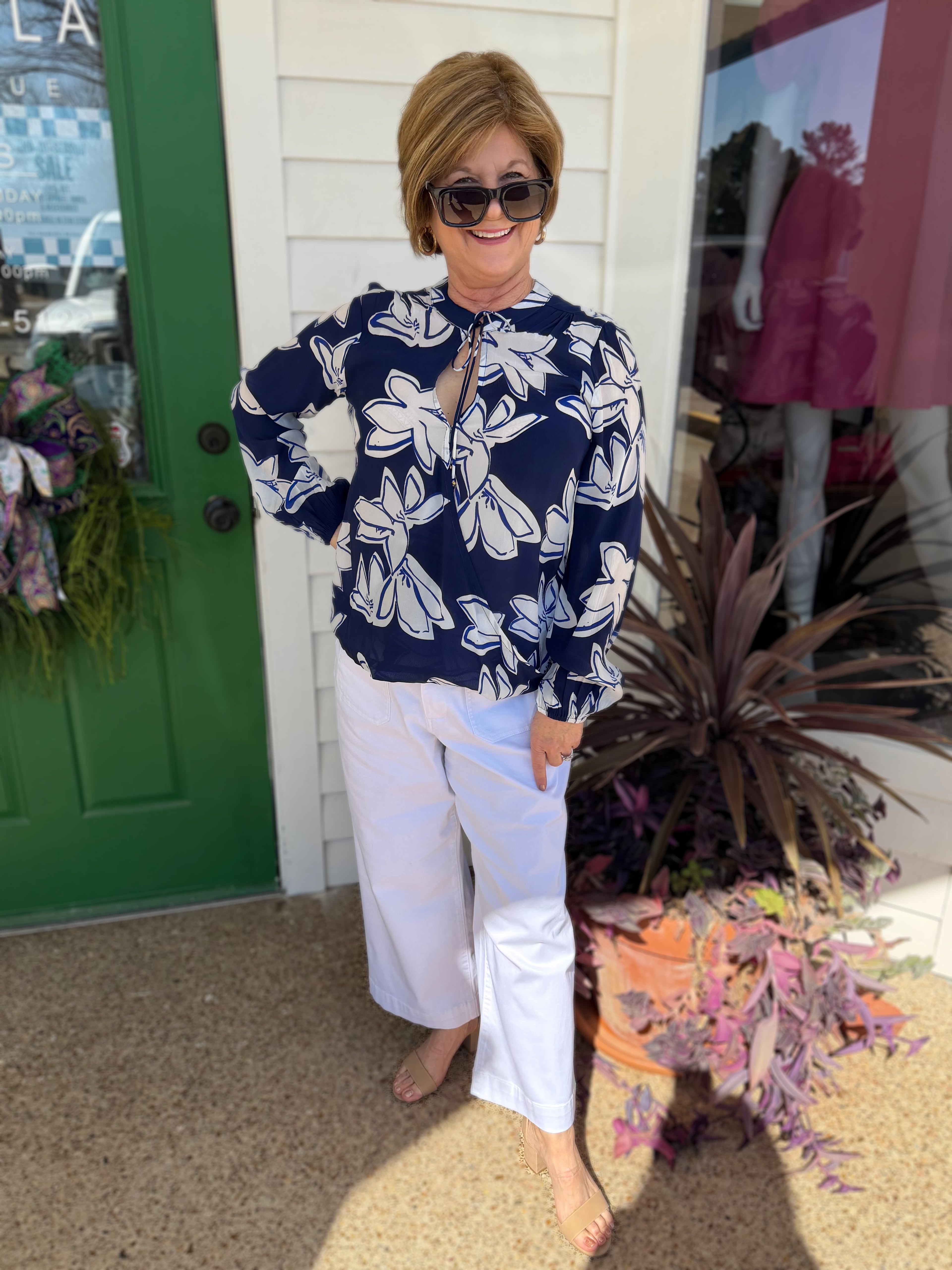 DARK BLUE FLORAL PRINT CROSSOVER TASSEL TOP