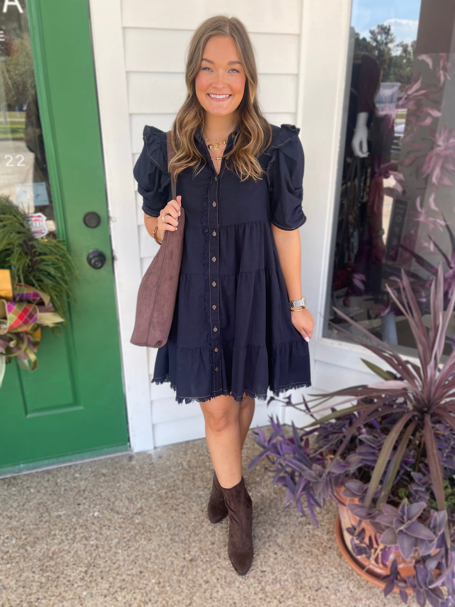DARK NAVY LINEN BUTTON UP TIERED FRAYED HEM MINI DRESS