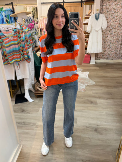 ORANGE/LIGHT BLUE BOLD STRIPE SHORT SLEEVE SWEATER TOP