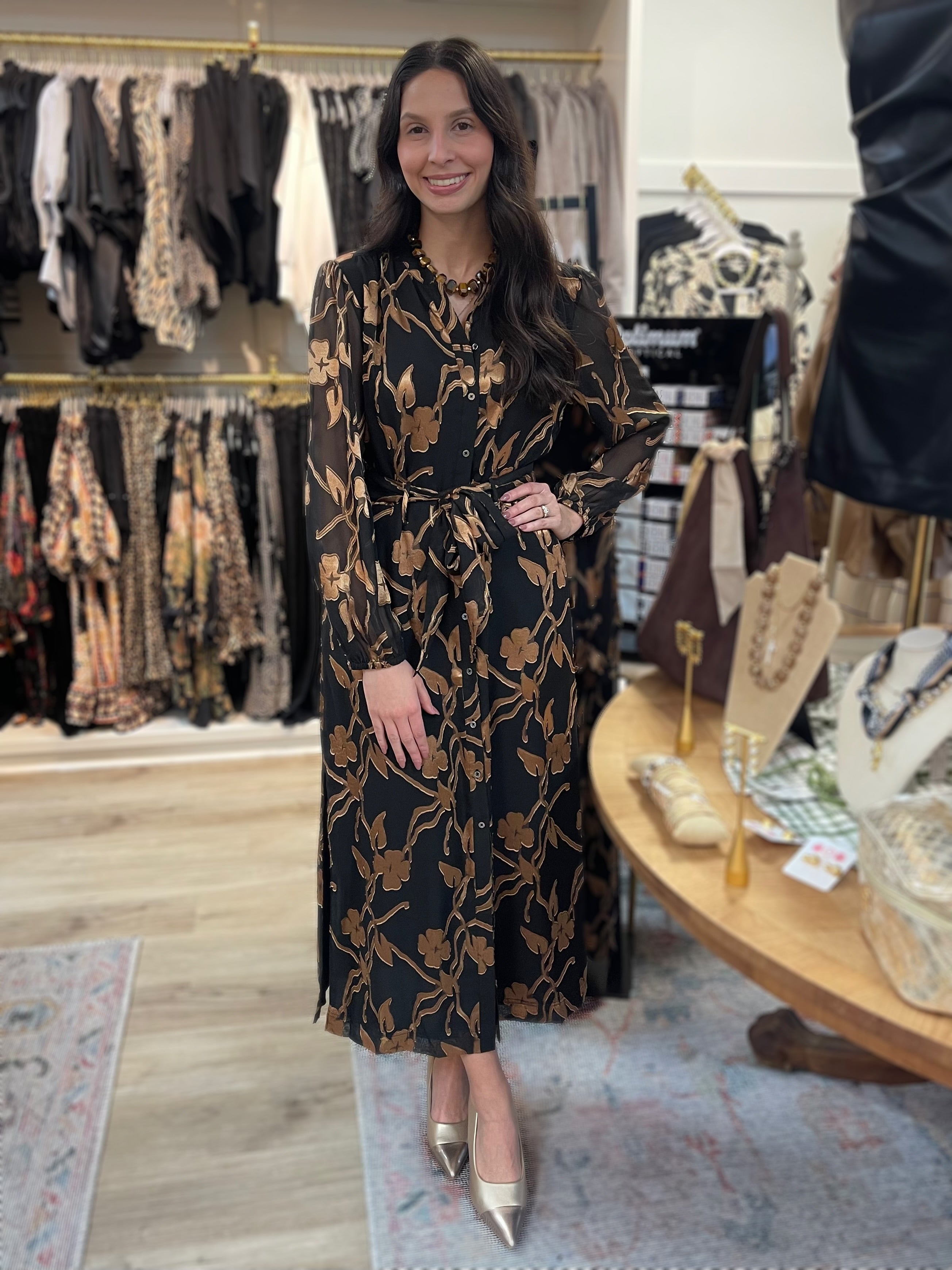 BLACK GOLD FLORAL JACQUARD SHEER LONG SLEEVE TIE WAIST BUTTON UP MIDI DRESS