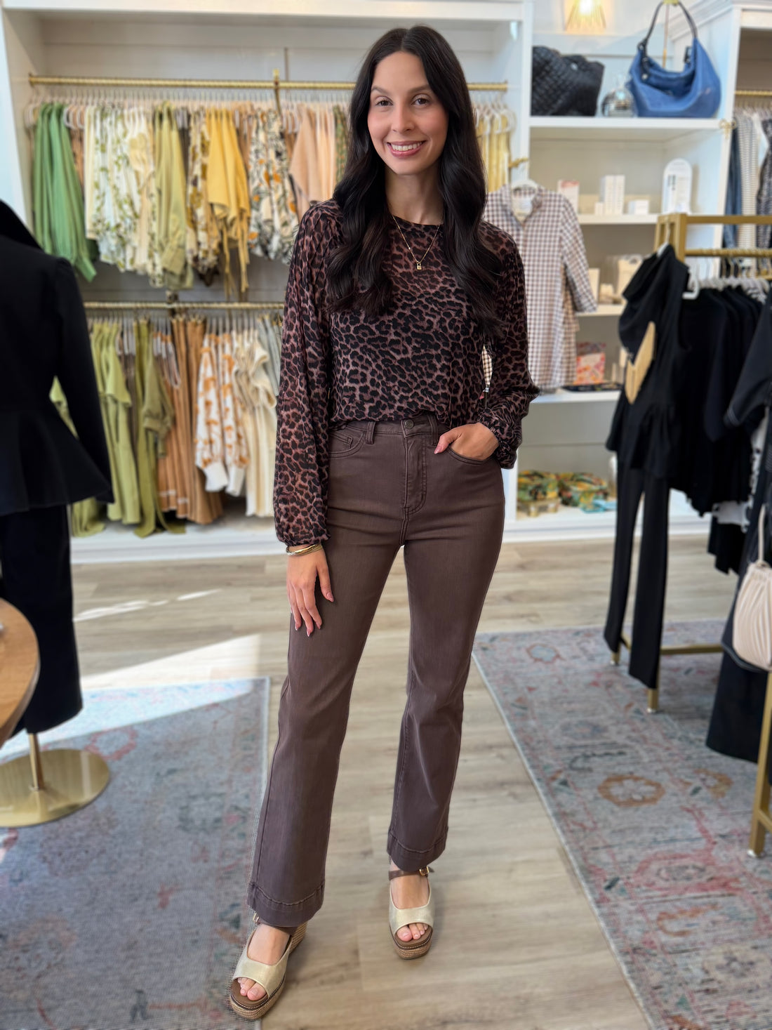 COCOA LEOPARD PRINT BOHO LONG PLEATED SLEEVE SHEER TOP