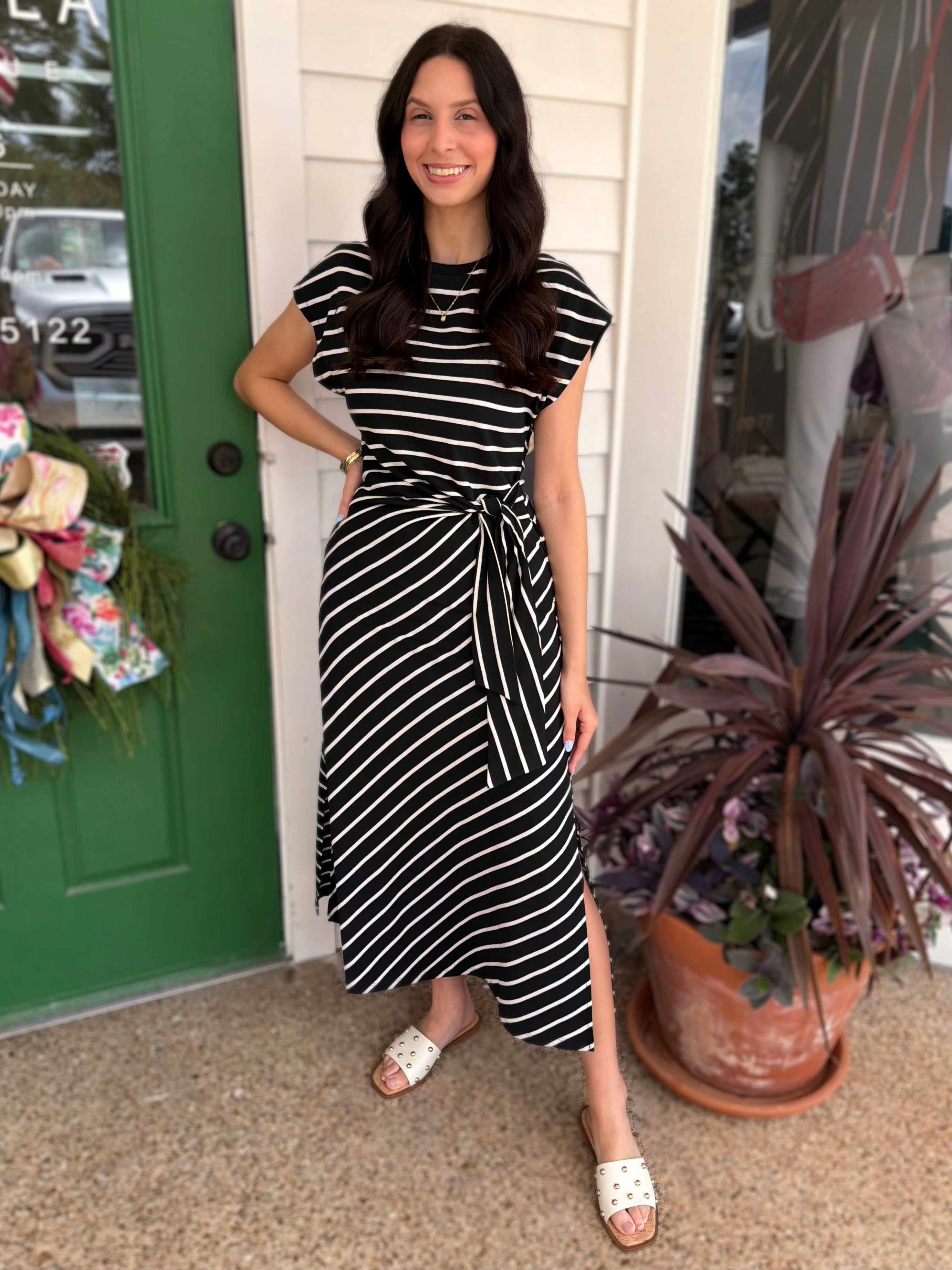 BLACK AND WHITE STRIPE WAIST TIE COTTON MAXI DRESS