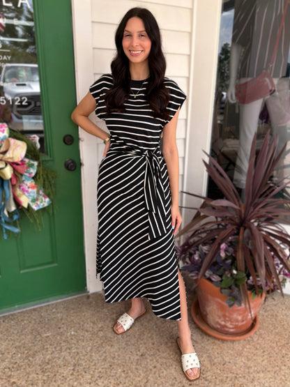 BLACK AND WHITE STRIPE WAIST TIE COTTON MAXI DRESS