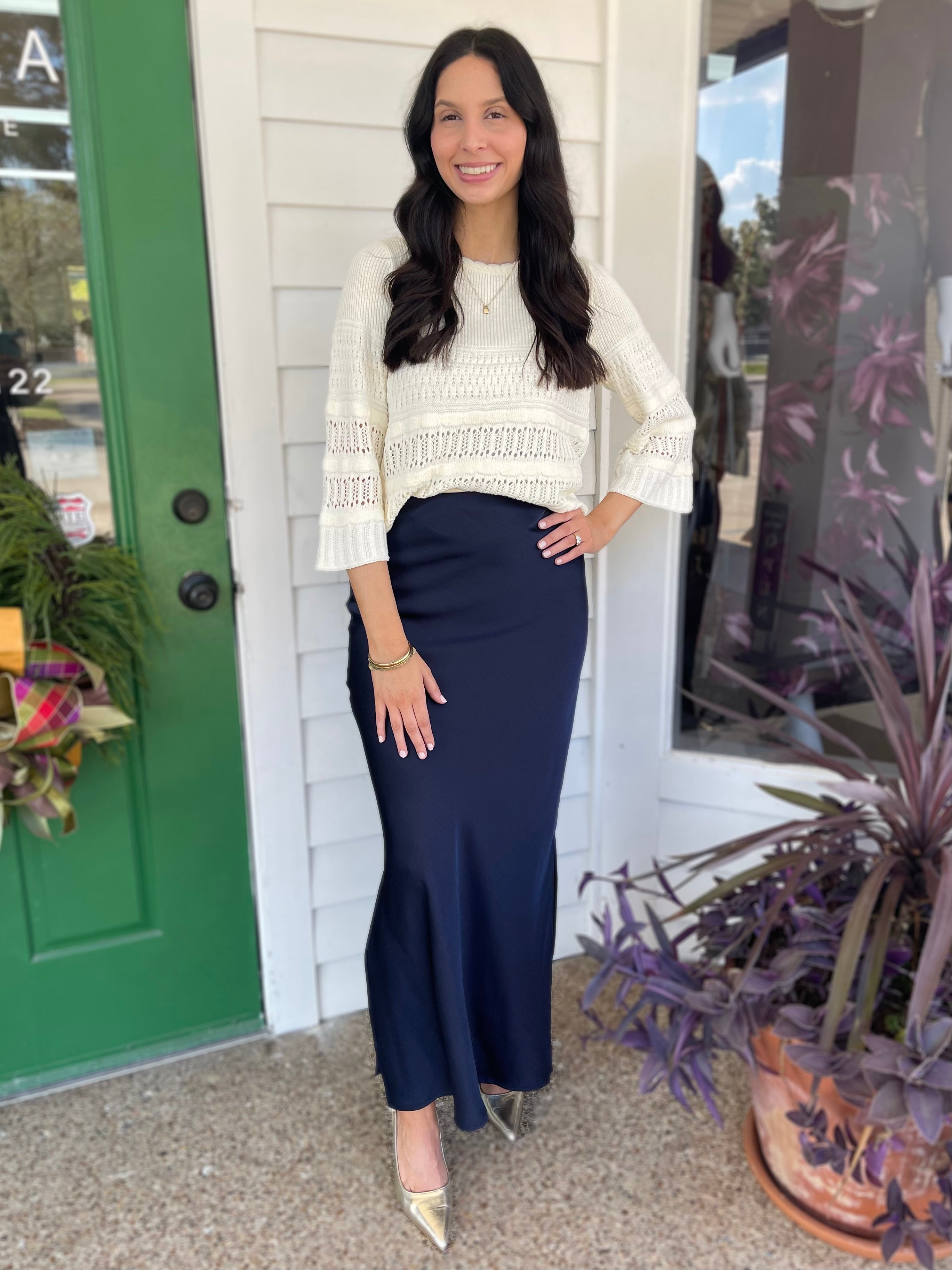 NAVY SATIN SIDE-SLIT MIDI SKIRT