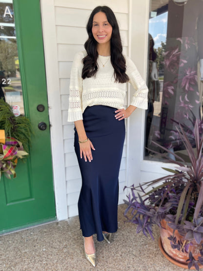 NAVY SATIN SIDE-SLIT MIDI SKIRT