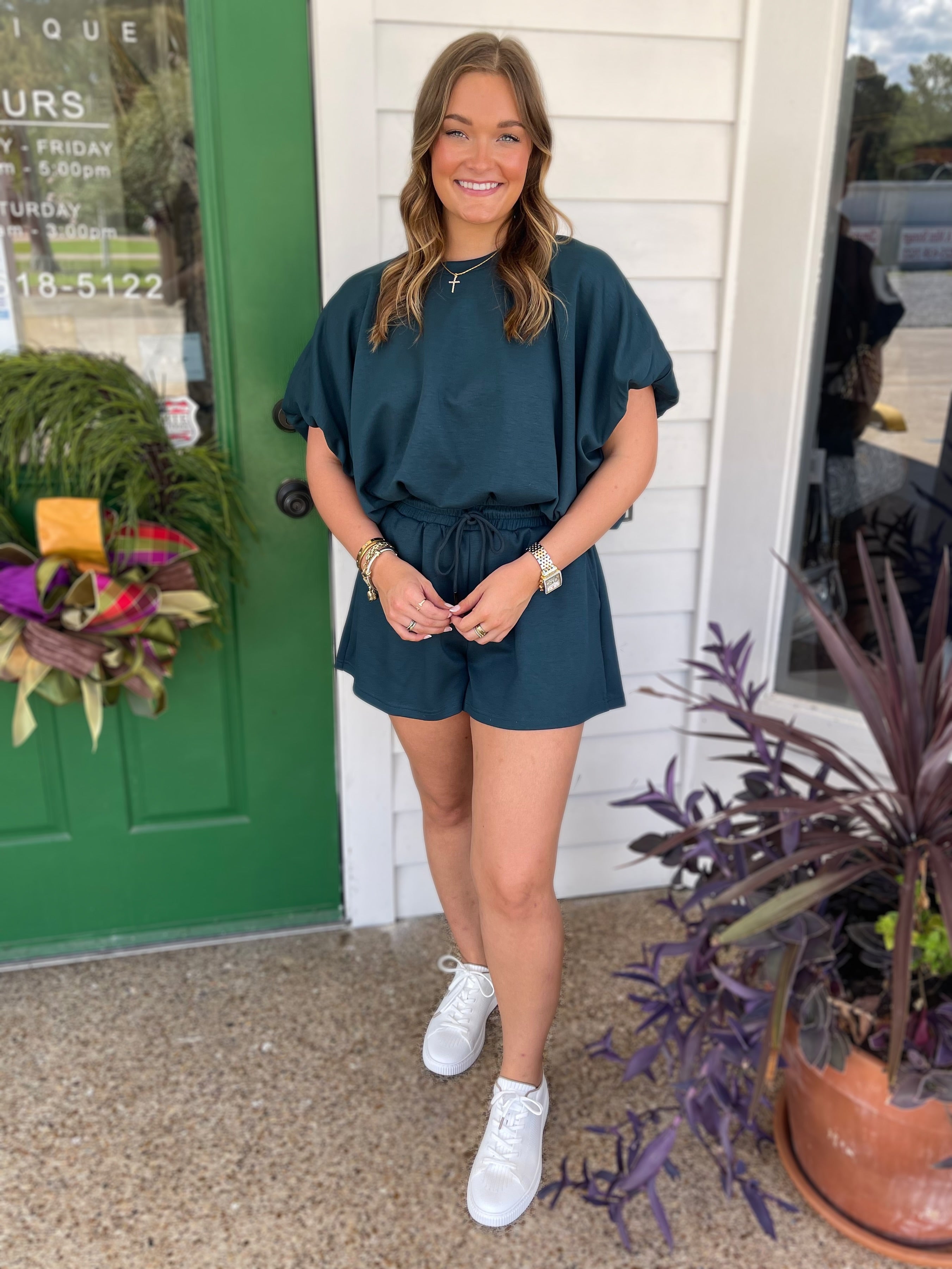 TEAL BUBBLE HEM PULLOVER SHORT SET