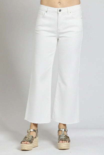 WHITE MID-RISE RAW HEM CROPPED WIDE LEG JEANS