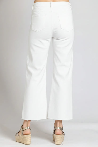 WHITE MID-RISE RAW HEM CROPPED WIDE LEG JEANS