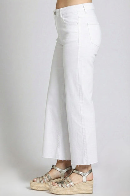 WHITE MID-RISE RAW HEM CROPPED WIDE LEG JEANS