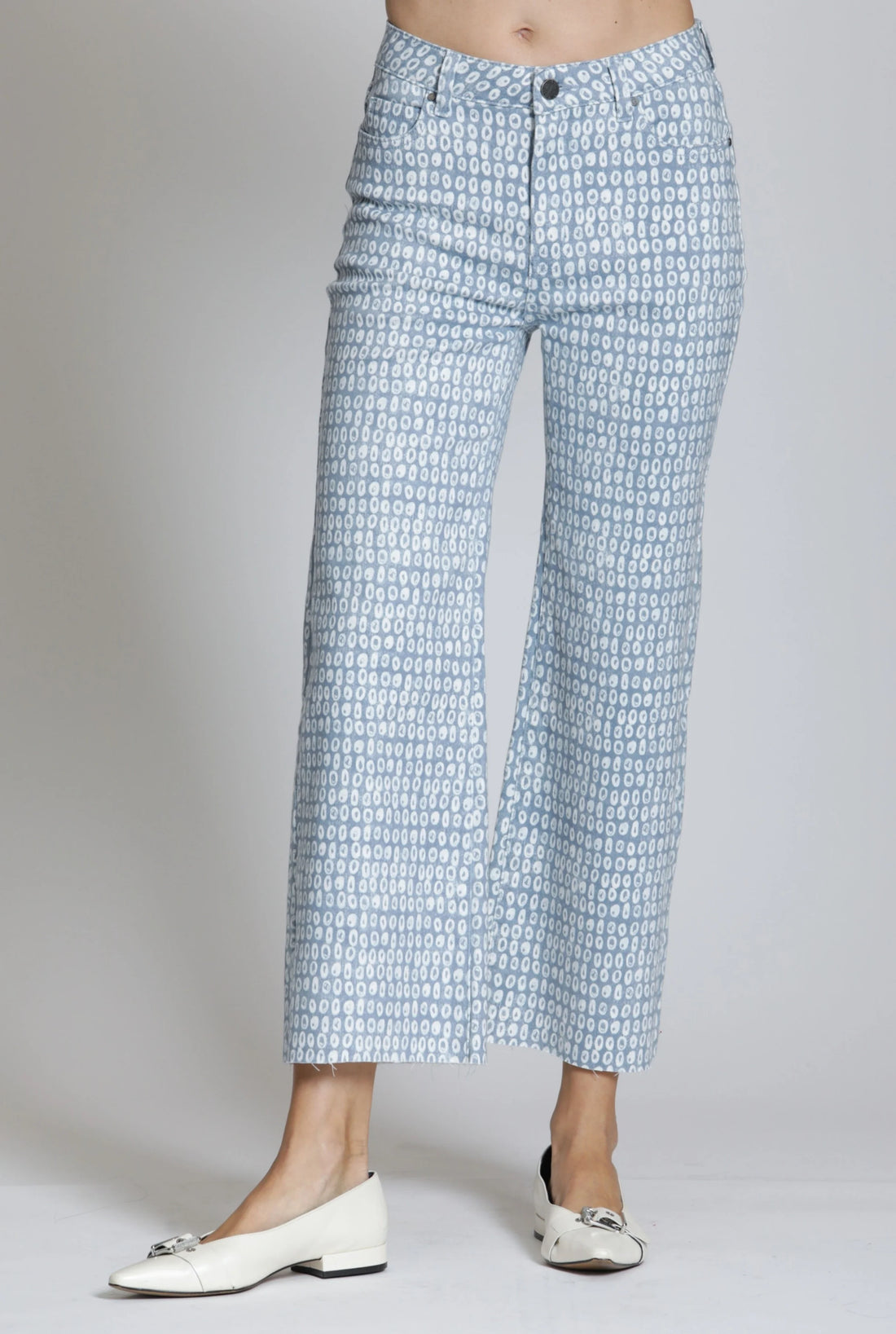 BLUE/WHITE ABSTRACT PRINT MID RISE CROPPED WIDE LEG JEAN