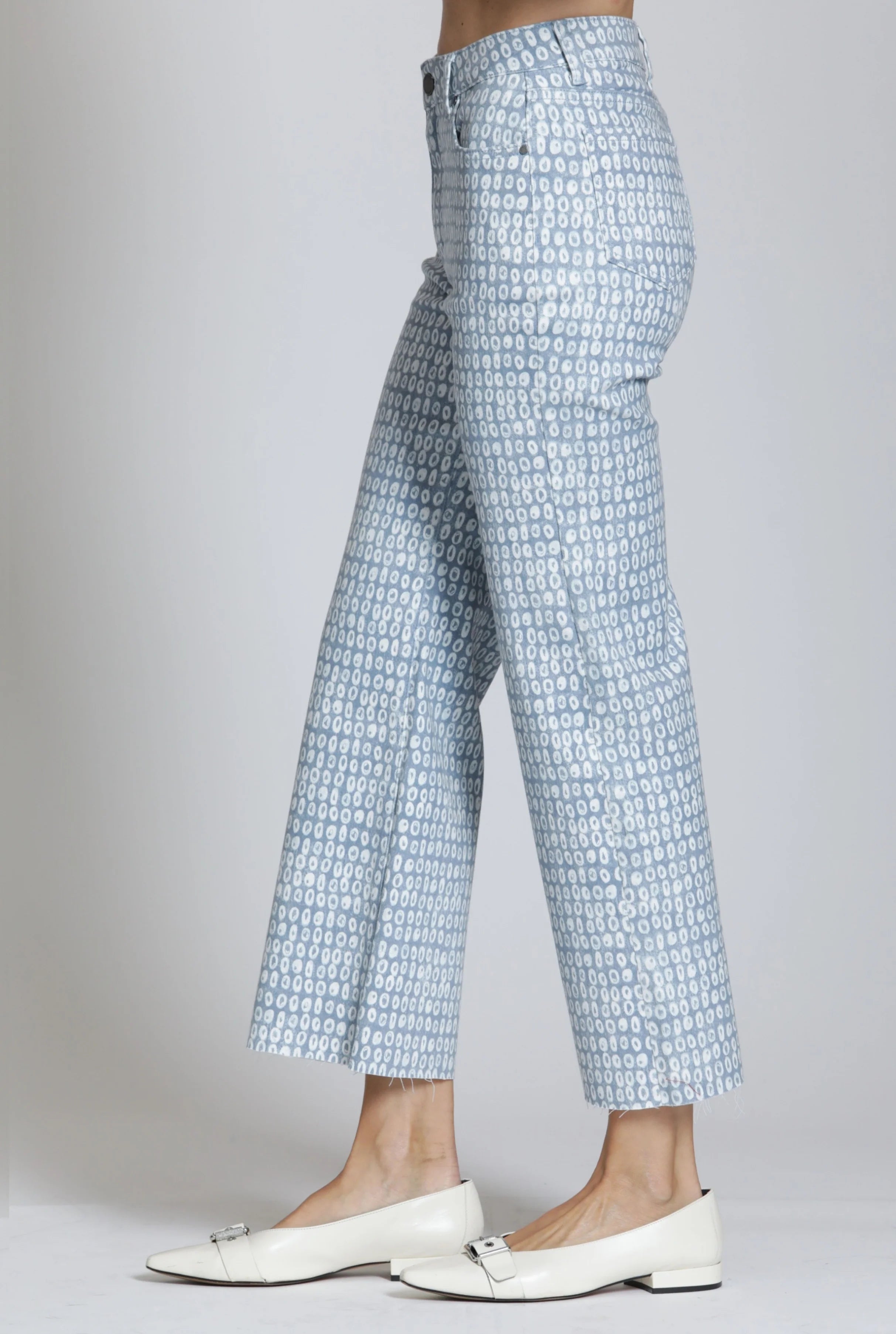 BLUE/WHITE ABSTRACT PRINT MID RISE CROPPED WIDE LEG JEAN