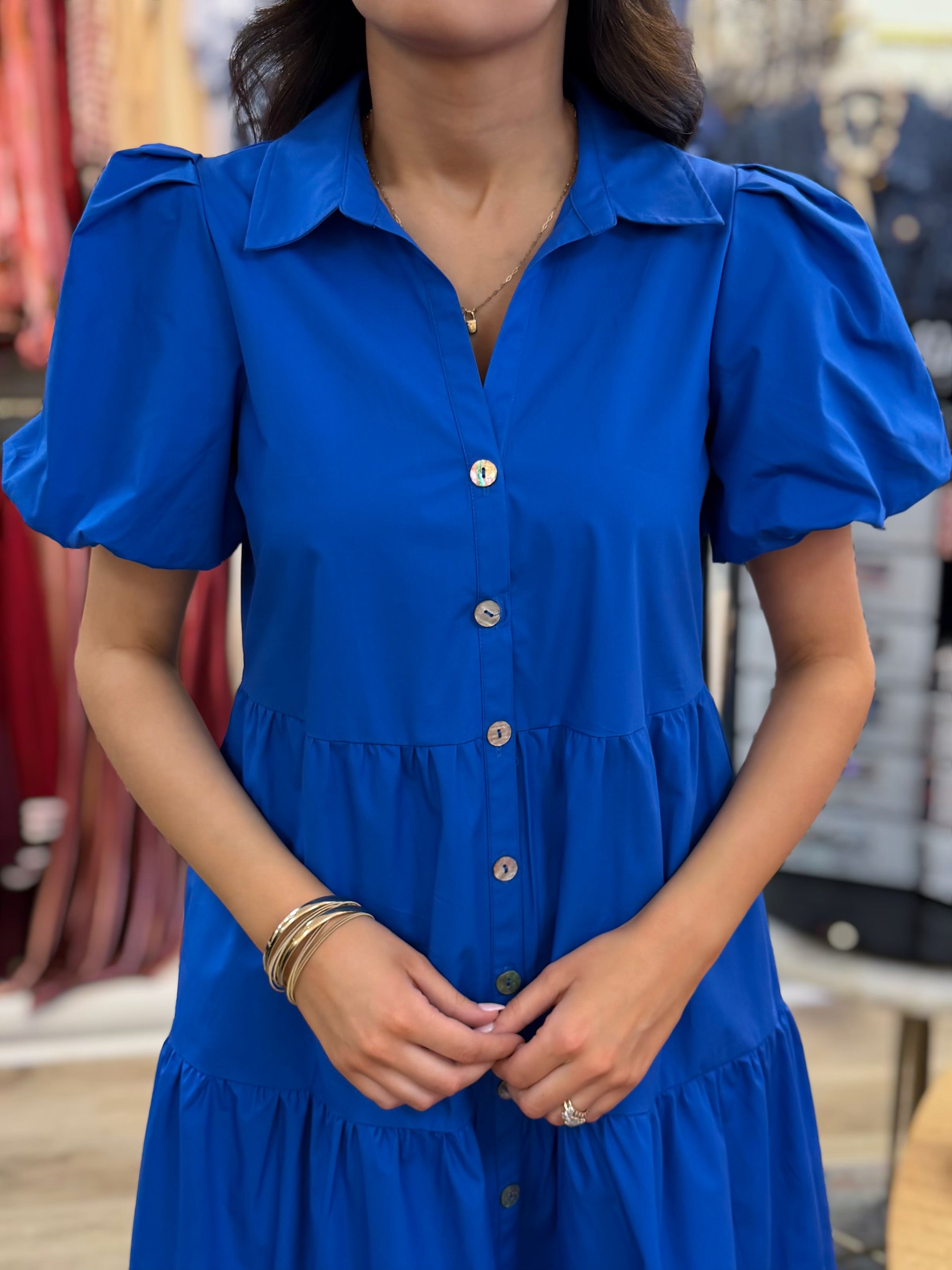DAZZLING BLUE SHORT PUFF SLEEVE TIERED MAXI DRESS