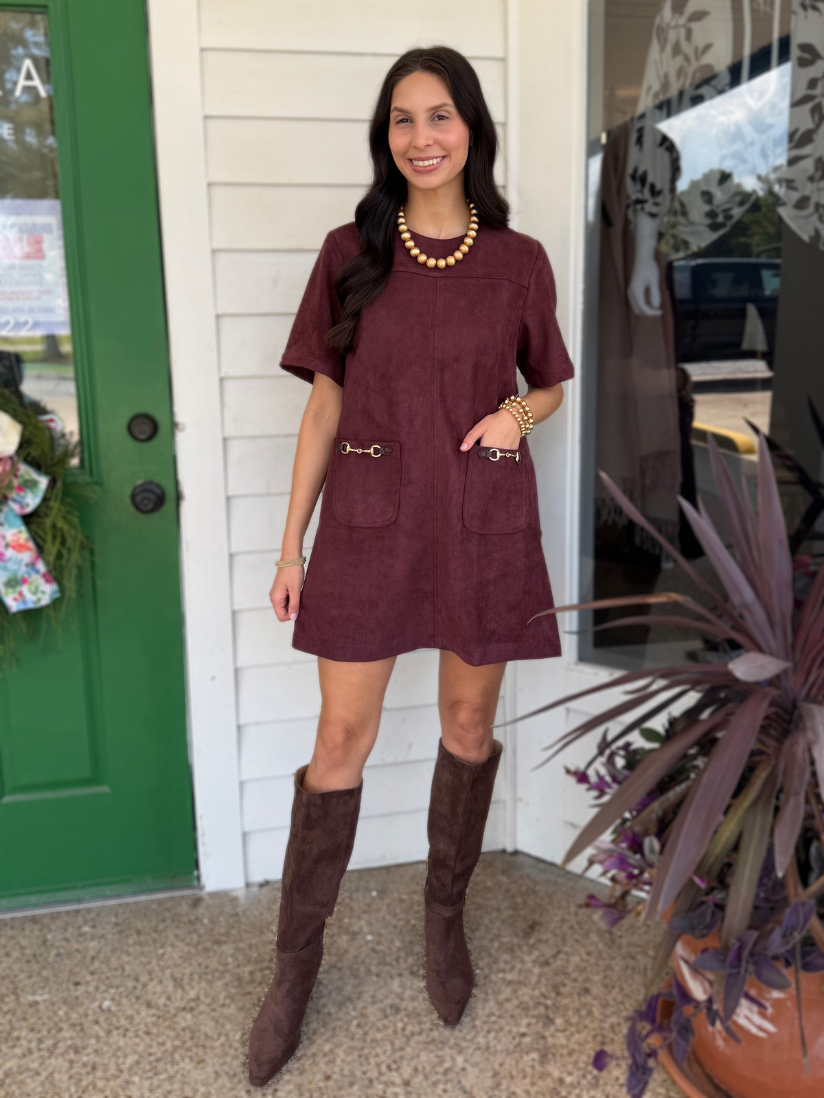 MERLOT SUEDE HORSE-BIT DETAIL PATCH POCKET SHORT SLEEVE MINI DRESS