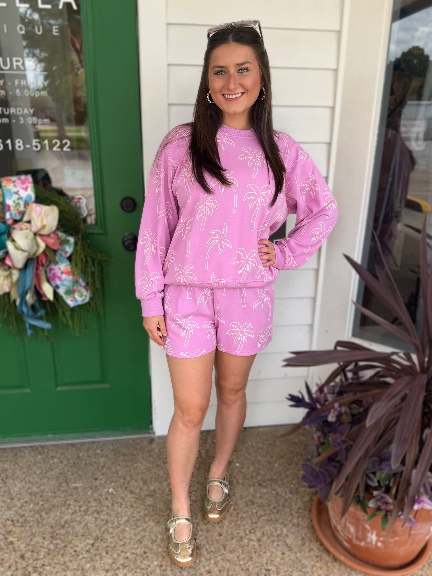 PINK PALM TREE PRINT LONG SLEEVE SHORT SET
