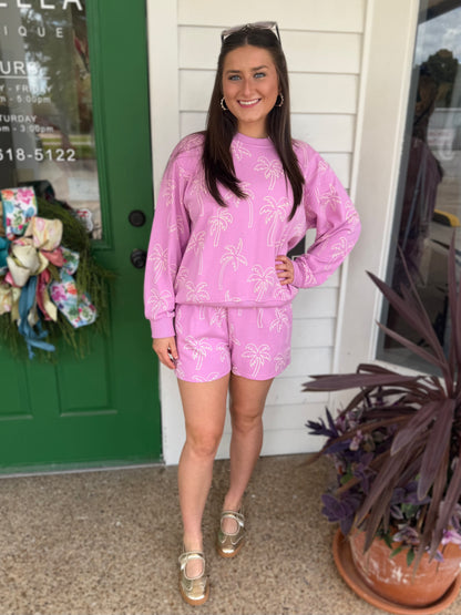 PINK PALM TREE PRINT LONG SLEEVE SHORT SET