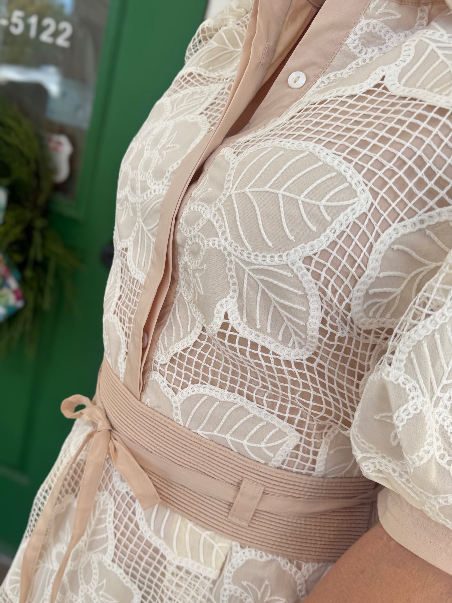 ALMOND FLORAL MESH CROCHET COLLARED SHIRT MIDI DRESS