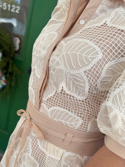 ALMOND FLORAL MESH CROCHET COLLARED SHIRT MIDI DRESS