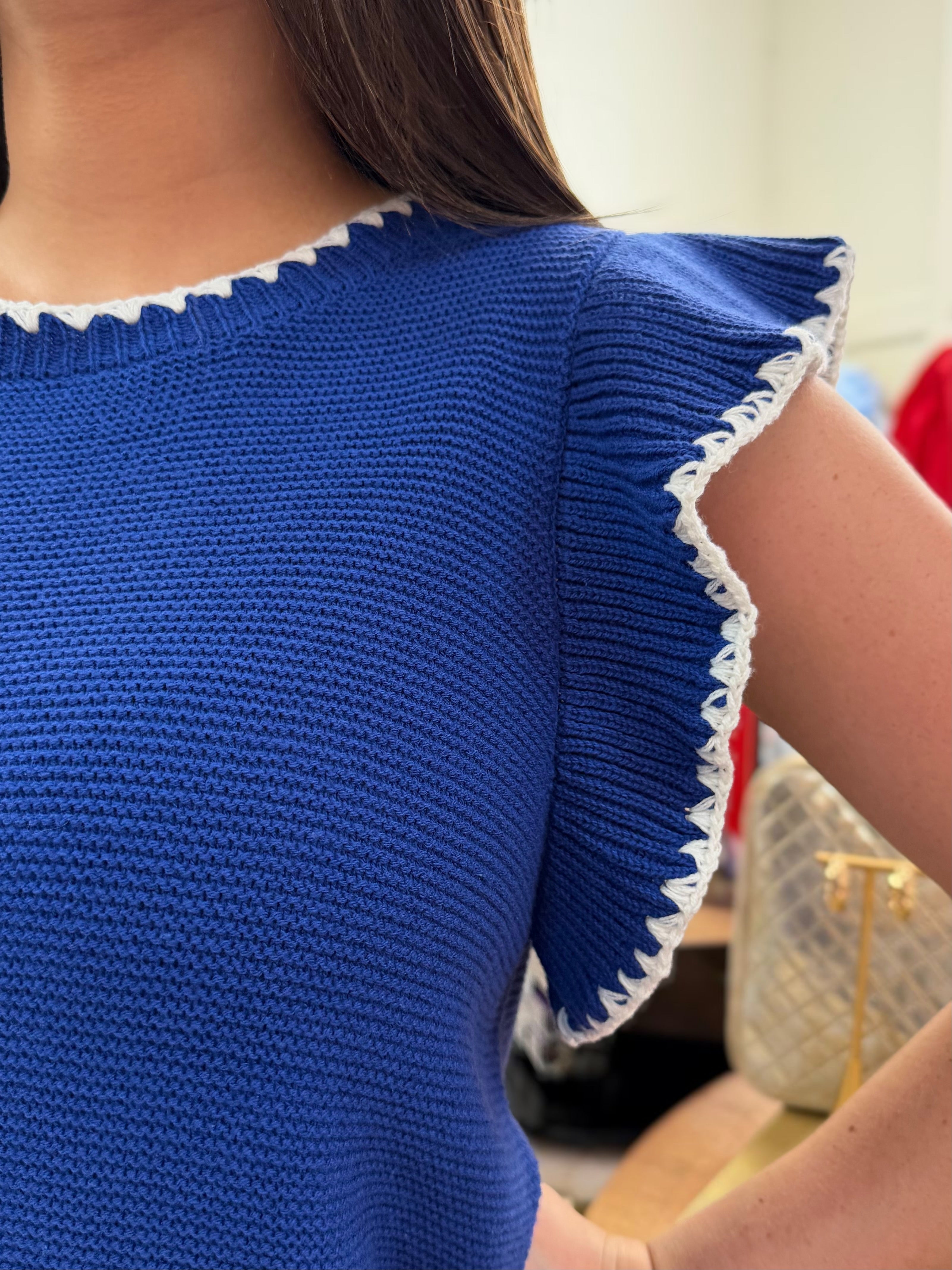 ROYAL BLANKET STITCH DETAIL SHORT RUFFLE SLEEVE SWEATER TOP