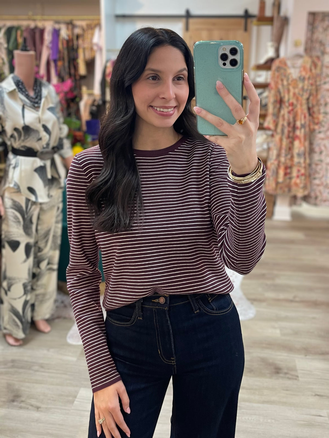 DARK PLUM PINSTRIPE LONG SLEEVE PULLOVER SWEATER