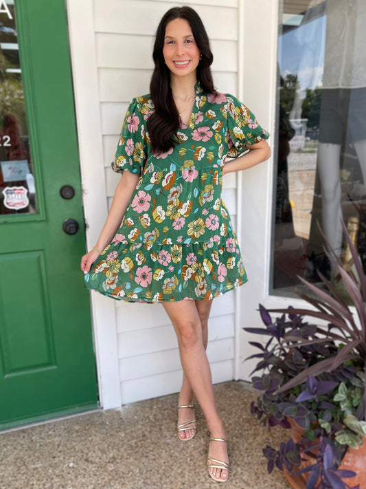 GREEN FLORAL PRINT SHORT PUFF SLEEVE TIERED MINI DRESS
