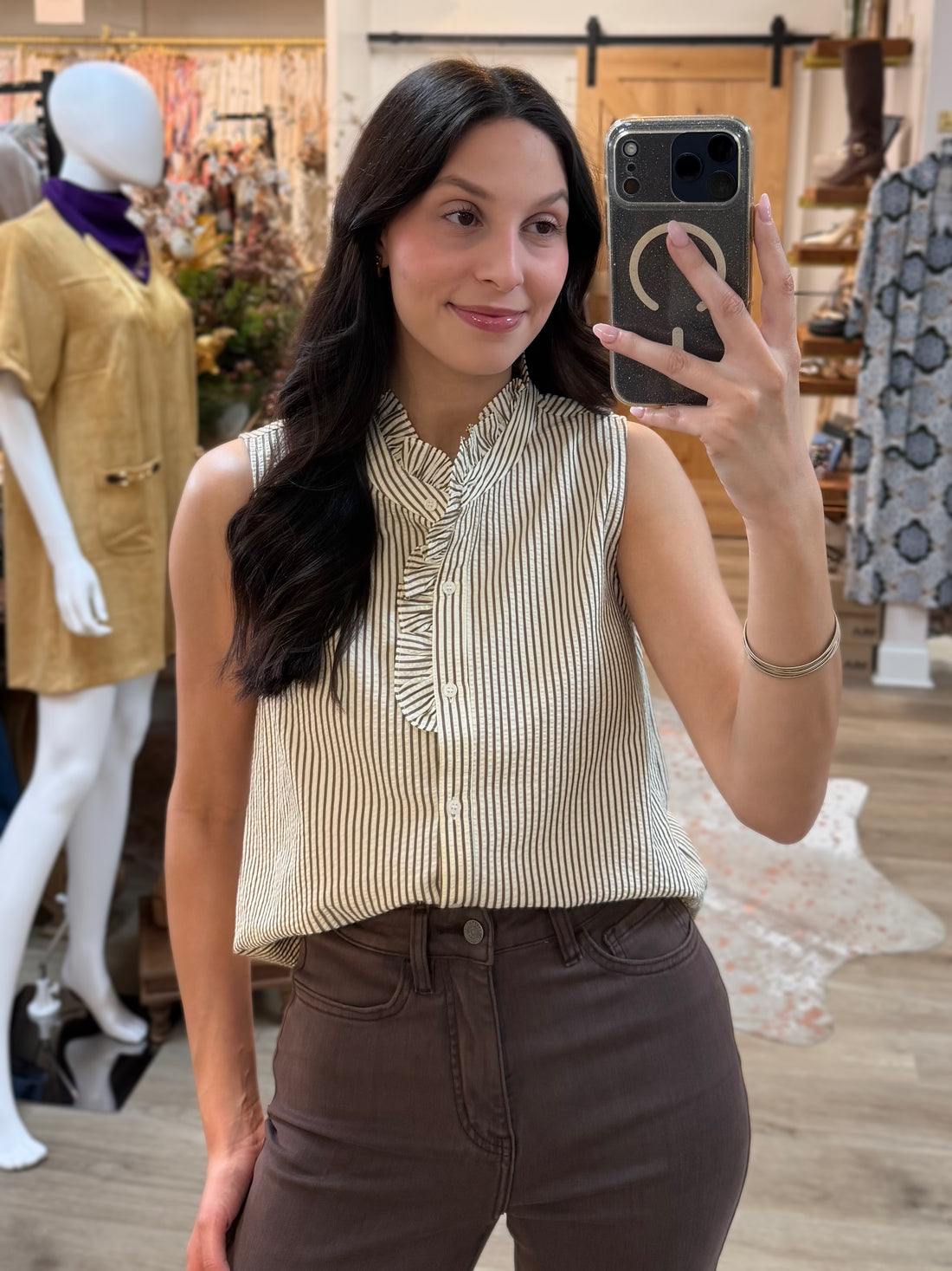 TAUPE STRIPED FRILL DETAIL SLEEVELESS BUTTON UP TOP