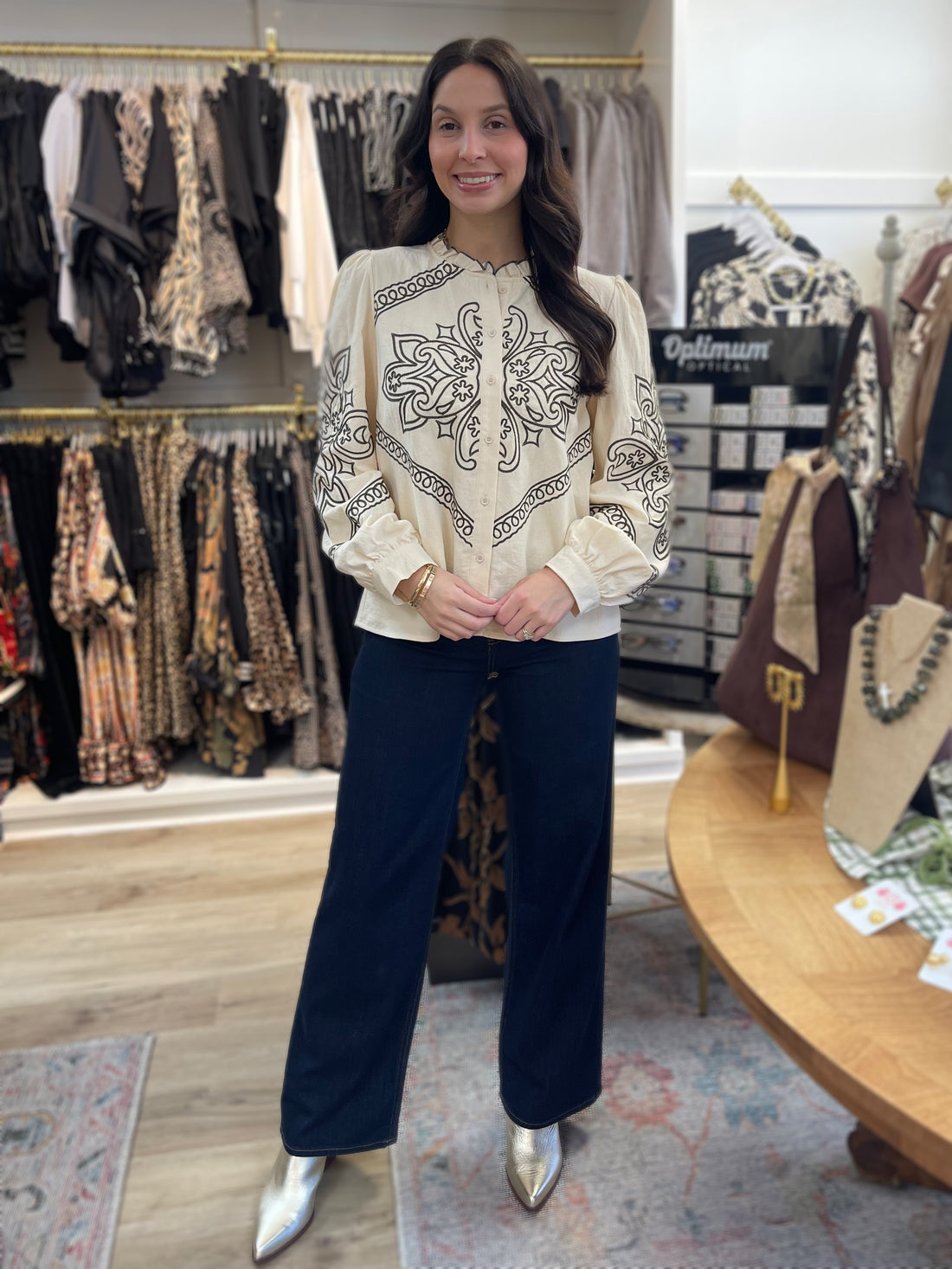 OAT MILK/OLIVE GREEN EMBROIDERED RUFFLED MOCK NECK LONG SLEEVE BUTTON UP TOP