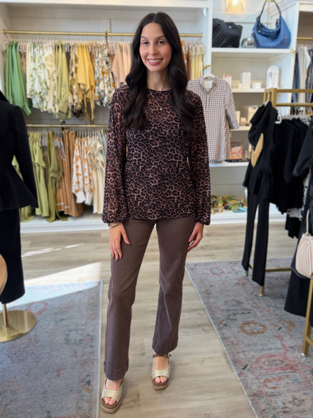 COCOA LEOPARD PRINT BOHO LONG PLEATED SLEEVE SHEER TOP