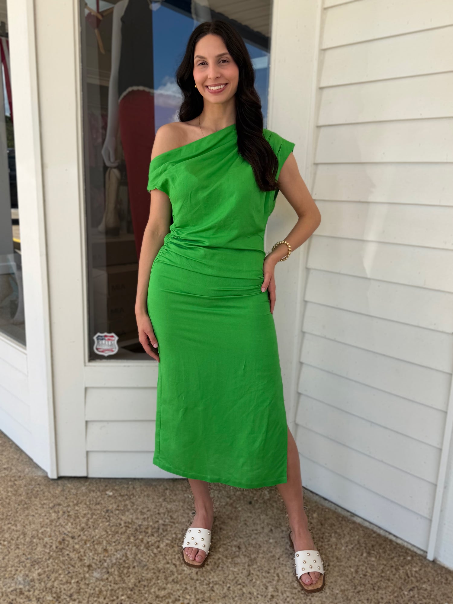 GREEN FITTED ASYMMETRICAL MORERE MIDI DRESS