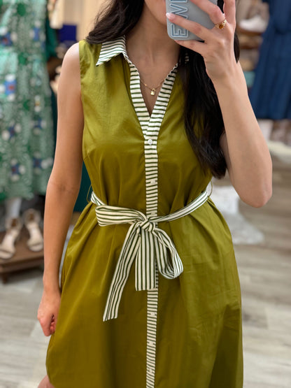 OLIVE STRIPED BANDING BUTTON-DOWN SLEEVELESS MIDI DRESS