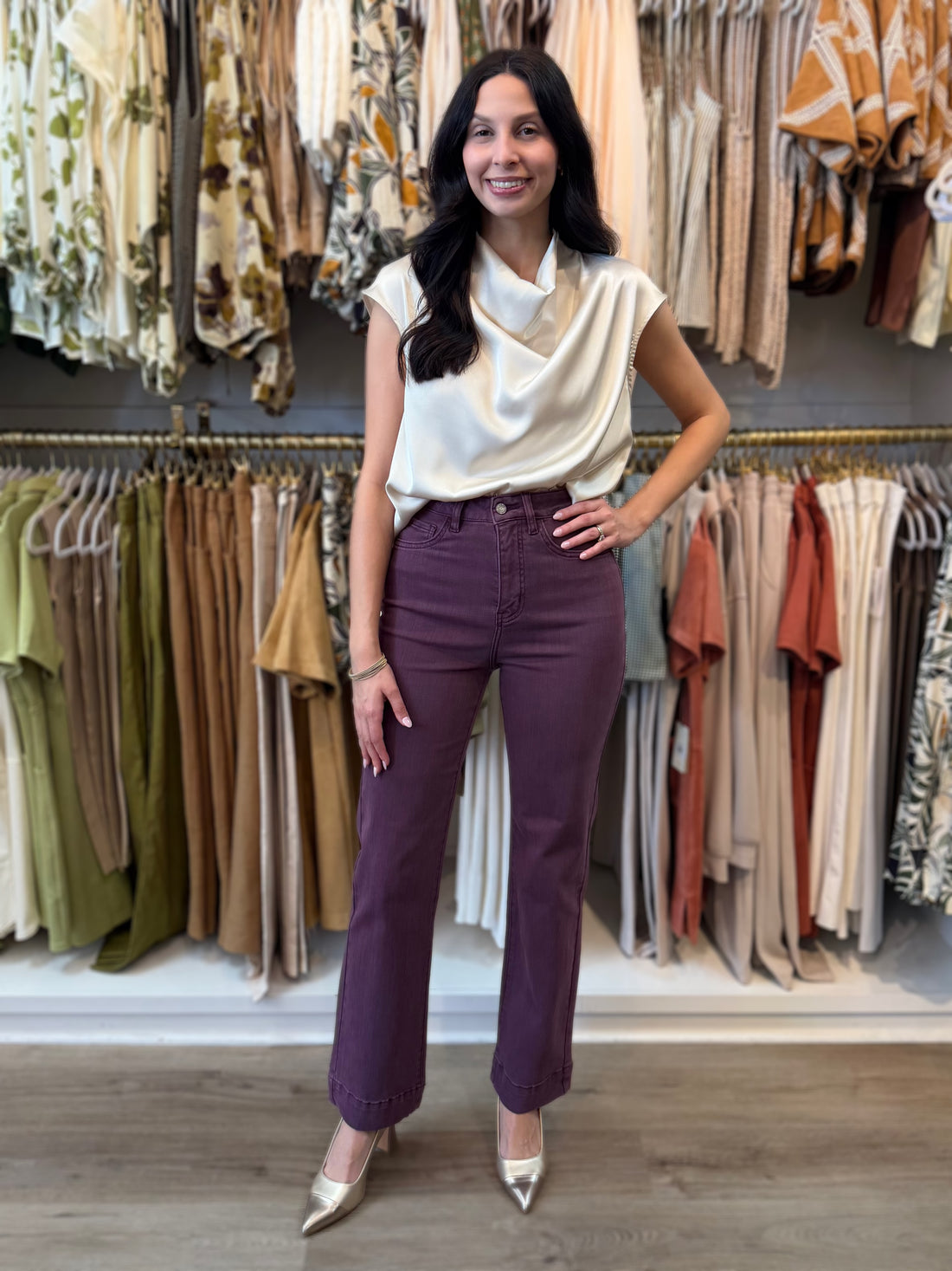 CHAMPAGNE SATIN COWL NECK SLEEVELESS TOP