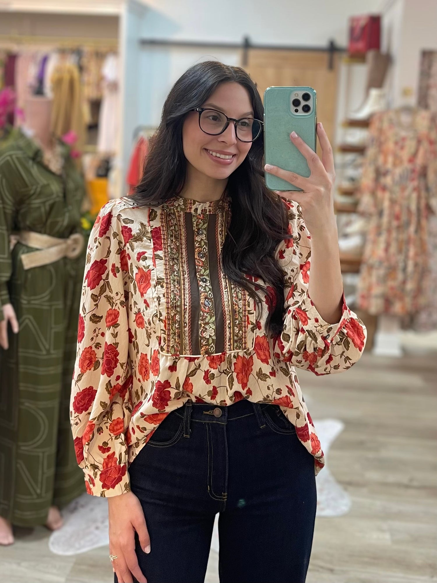 ECRU FLORAL PRINT LONG SLEEVE BLOUSE