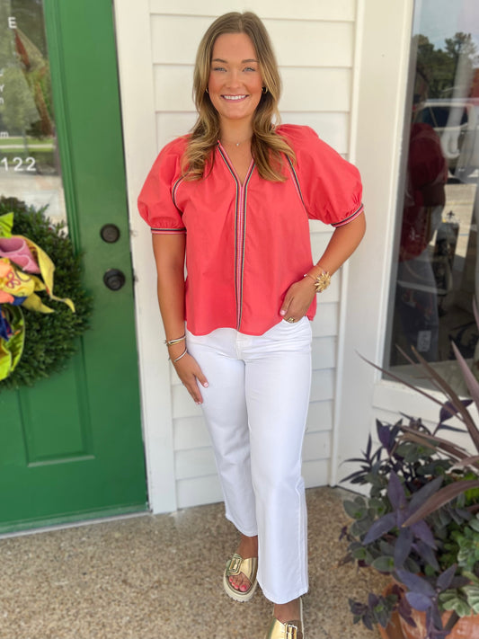 TOMATO RED CONTRAST STITCH DETAIL SHORT BALLOON SLEEVE TOP
