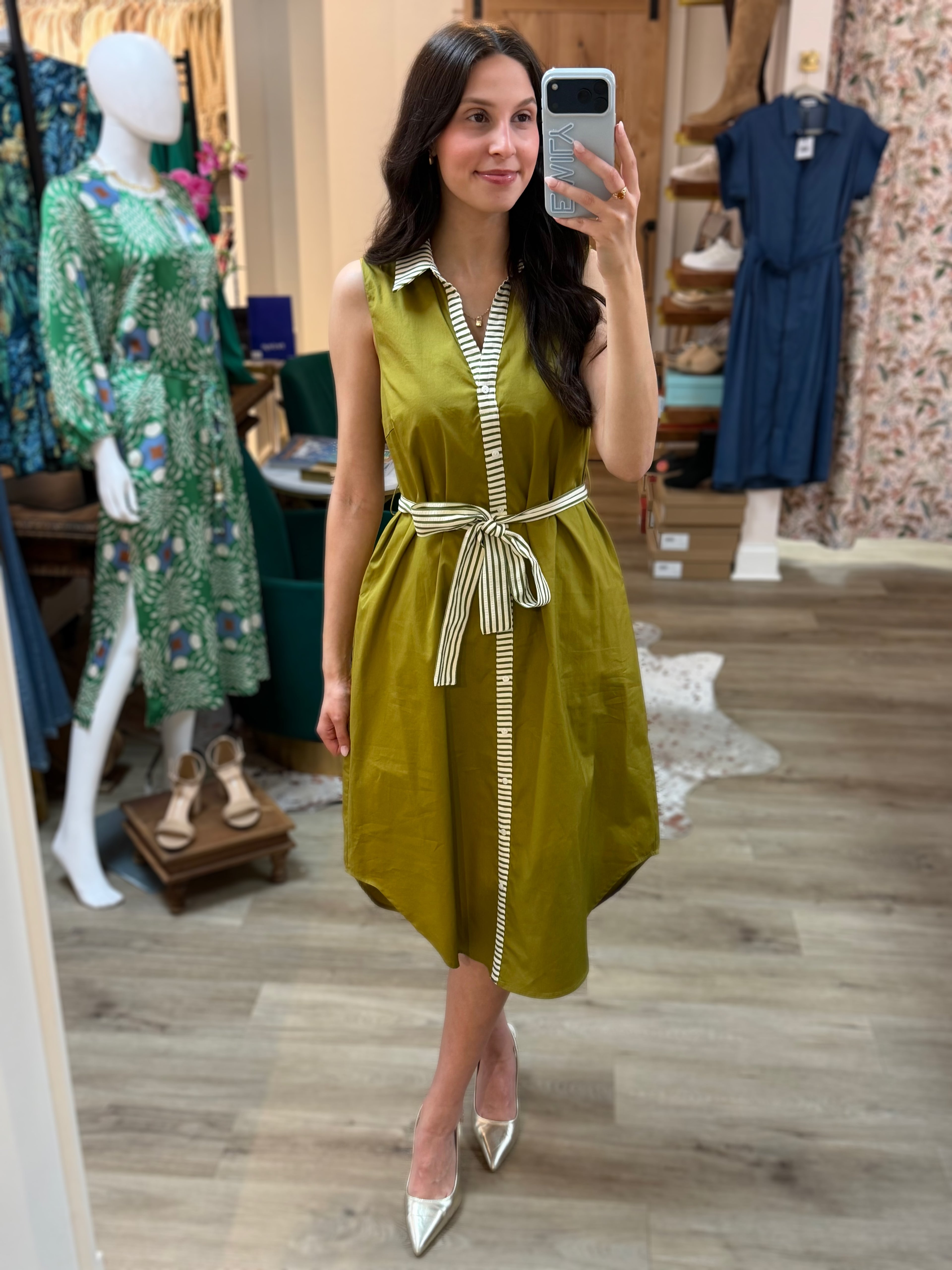OLIVE STRIPED BANDING BUTTON-DOWN SLEEVELESS MIDI DRESS