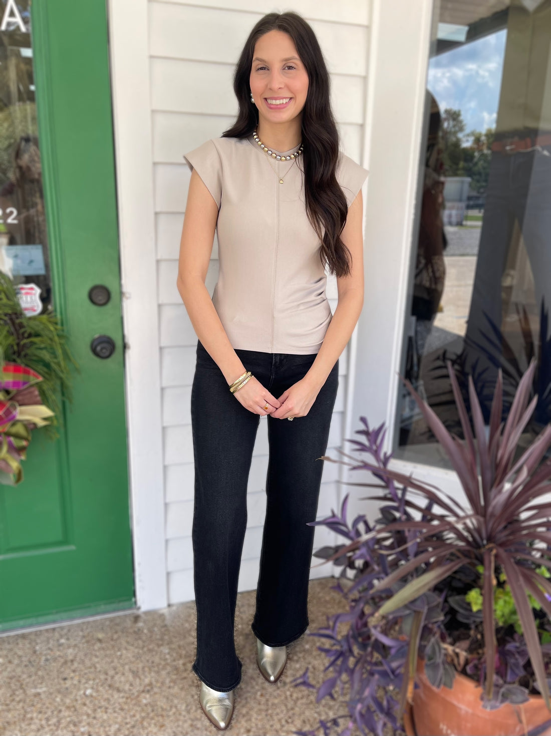 BEIGE RUSTIC GATHERED KNIT TOP