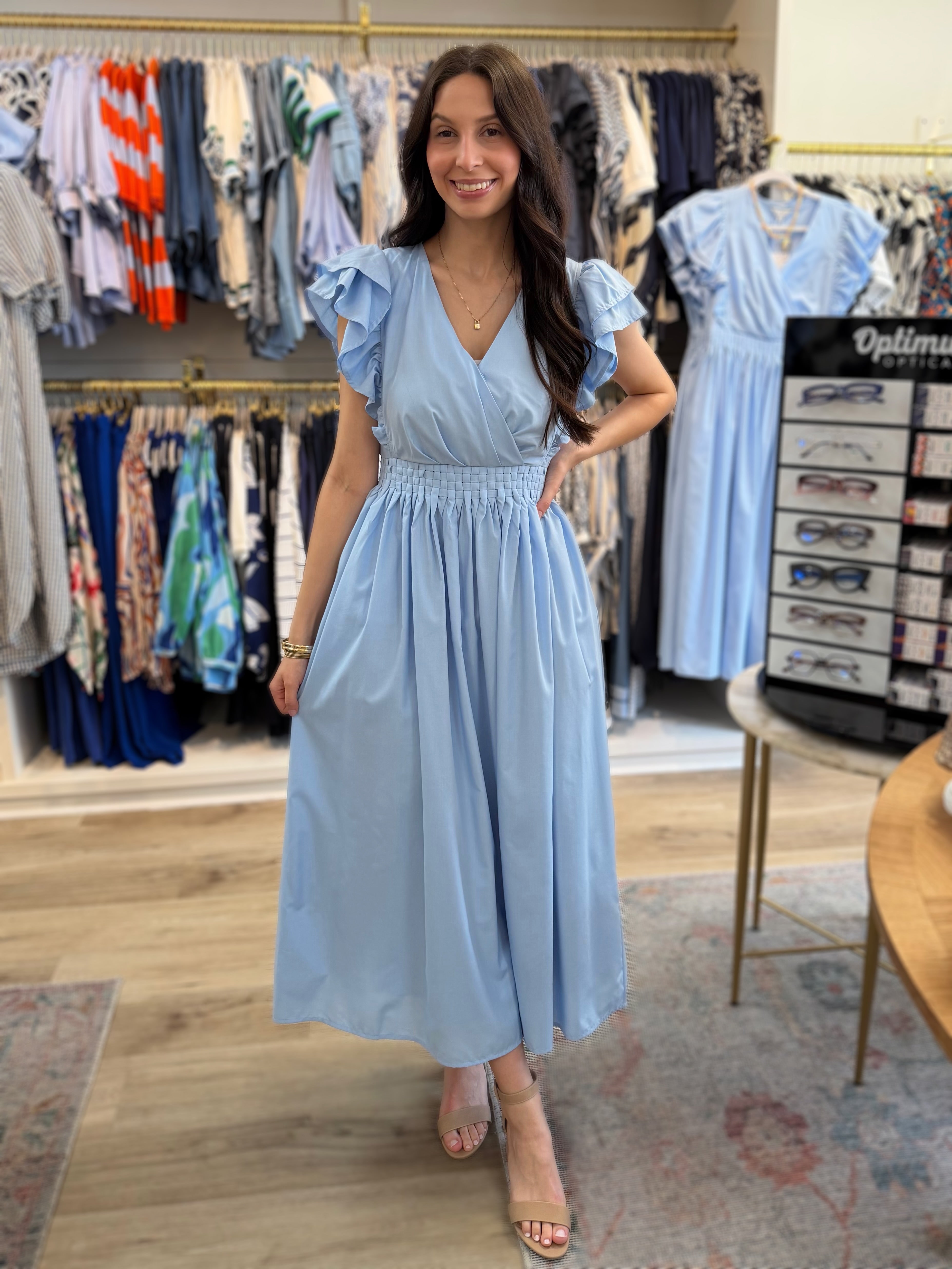 SKY BLUE RUED DETAIL RUFFLED SLEEVE MIDI DRESS