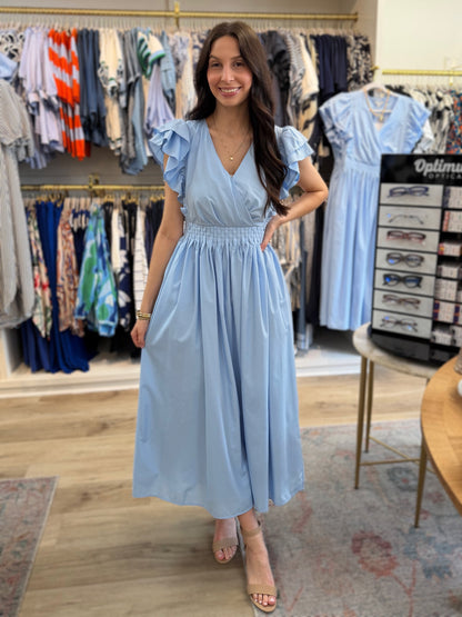SKY BLUE RUED DETAIL RUFFLED SLEEVE MIDI DRESS