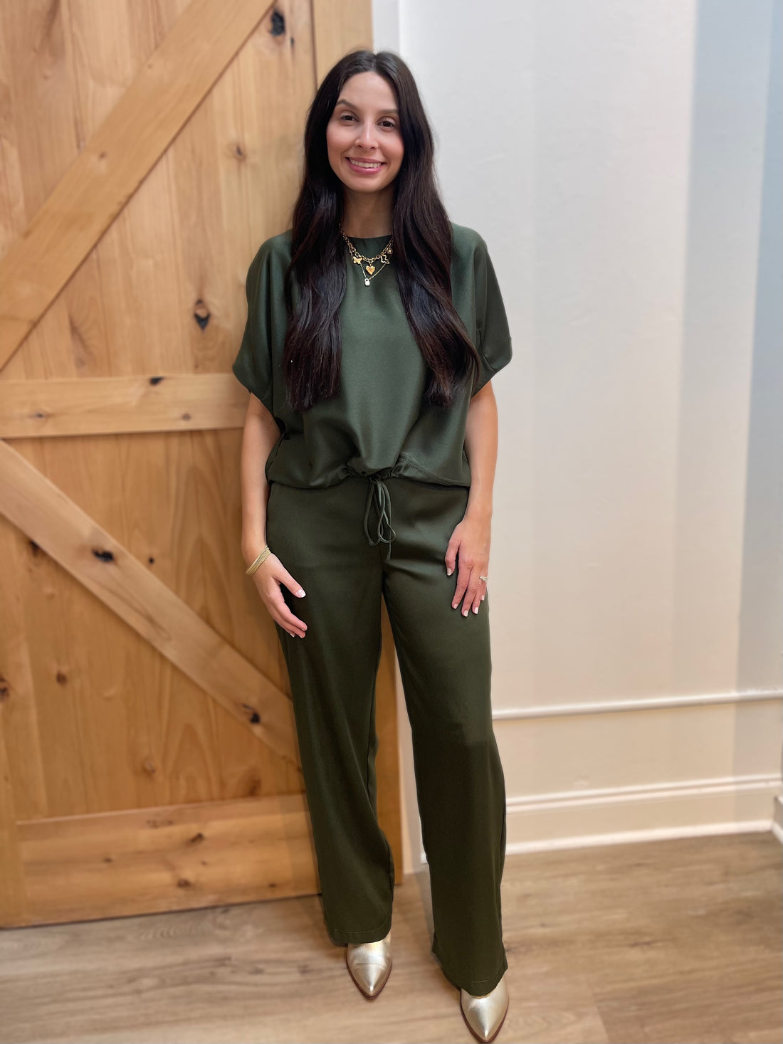 OLIVE SATIN DOLMAN SLEEVE TOP