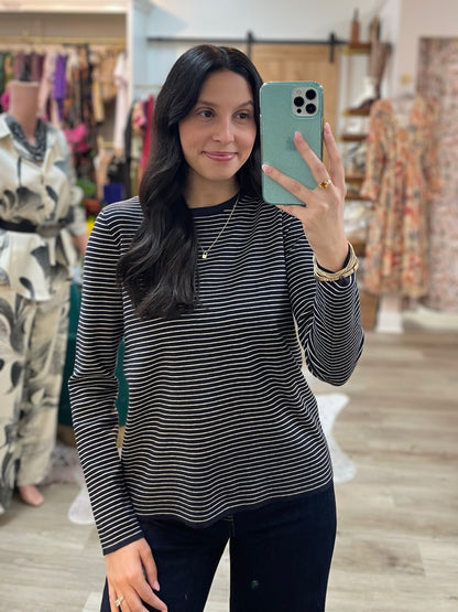 DARK NAVY PINSTRIPE LONG SLEEVE PULLOVER SWEATER