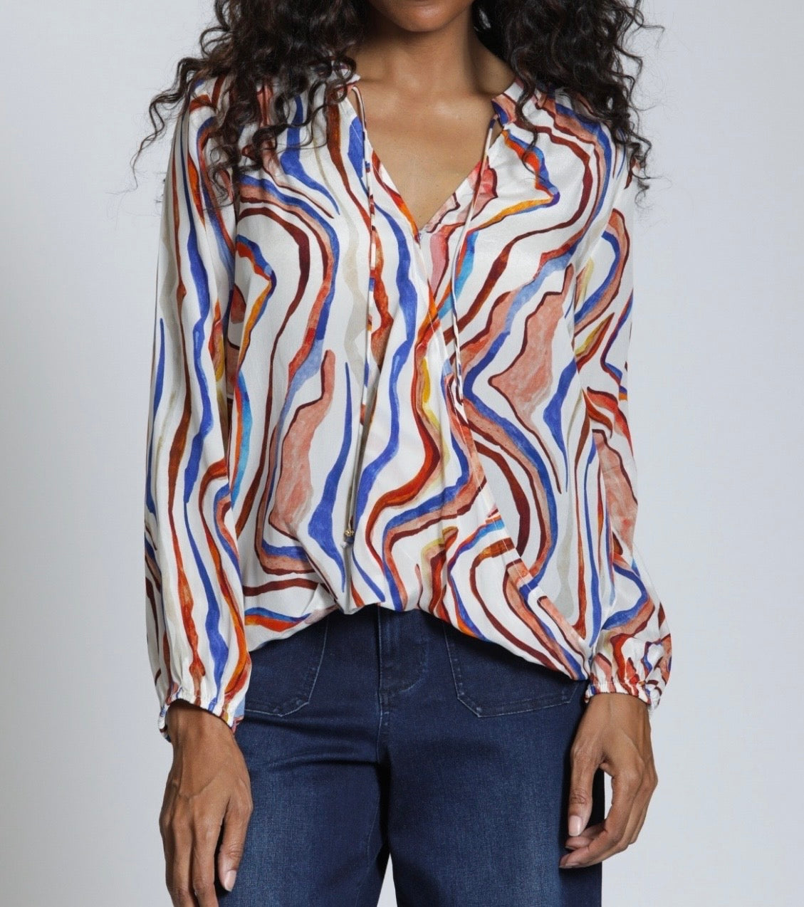 BROWN/BLUE MULTI WAVE PRINT CROSSOVER TASSEL TOP