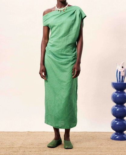GREEN FITTED ASYMMETRICAL MORERE MIDI DRESS