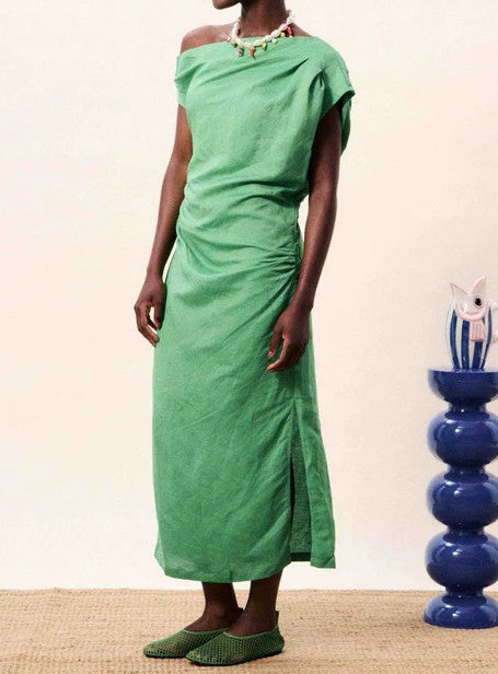 GREEN FITTED ASYMMETRICAL MORERE MIDI DRESS