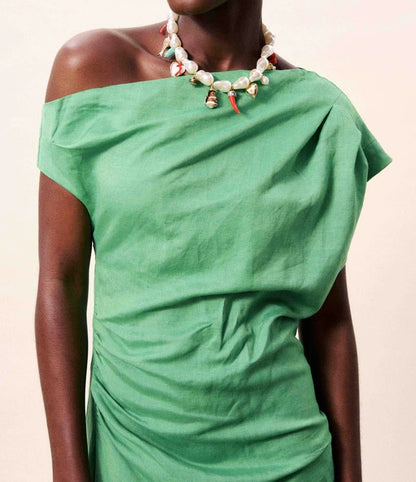 GREEN FITTED ASYMMETRICAL MORERE MIDI DRESS