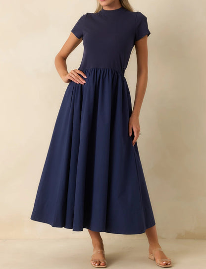 NAVY COTTON SHORT SLEEVE MIXED MEDIA ARIA MIDI DRESS