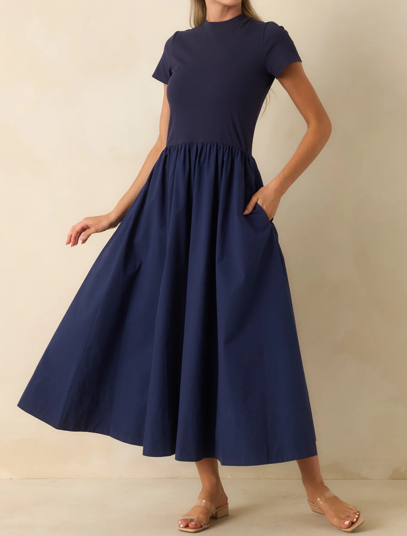NAVY COTTON SHORT SLEEVE MIXED MEDIA ARIA MIDI DRESS