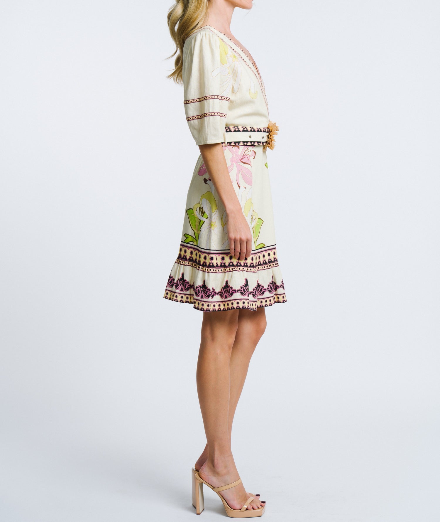 CREAM MULTI FLORAL PRINT BELTED IVY MINI DRESS
