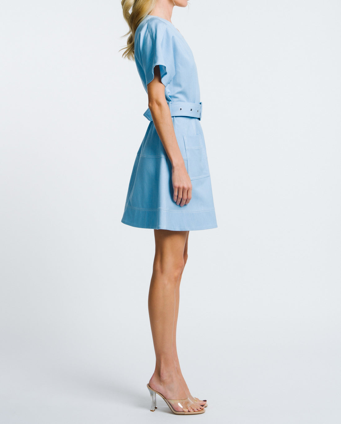 DENIM PATCH POCKET BELTED MINI POLY DRESS