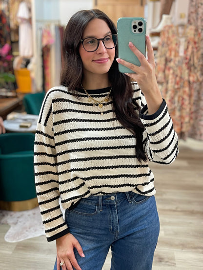 IVORY/BLACK POINTELLE STRIPED KNIT LONG SLEEVE SWEATER TOP