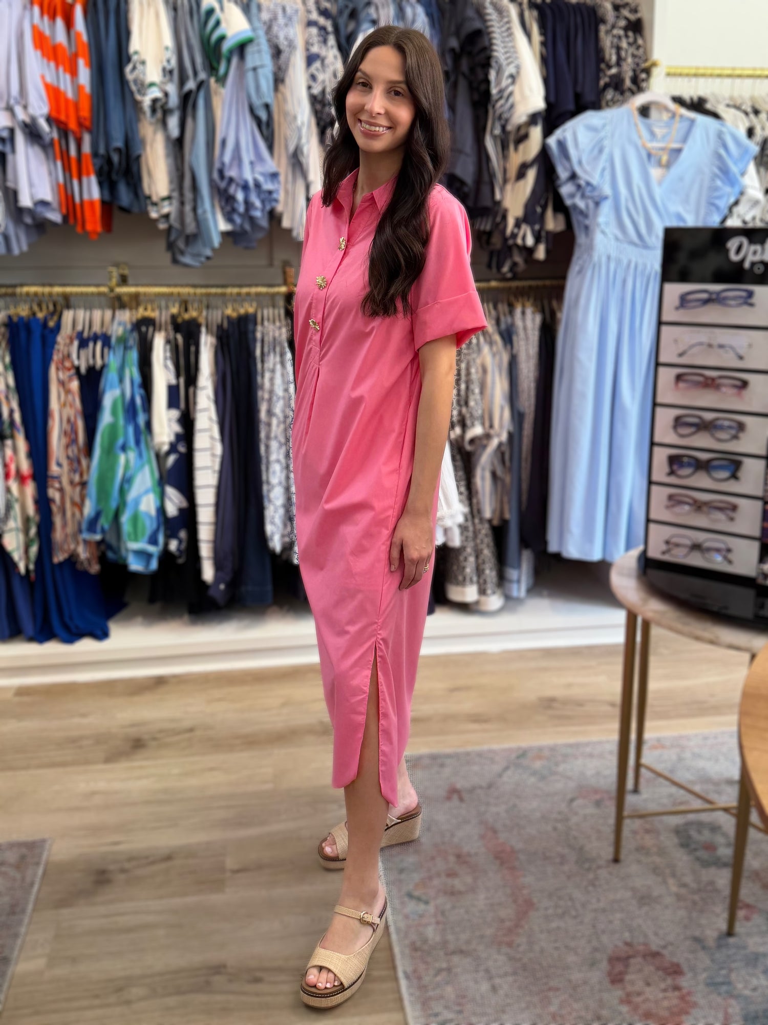 PINK COLLARED GOLD SNAP BUTTON MAXI DRESS