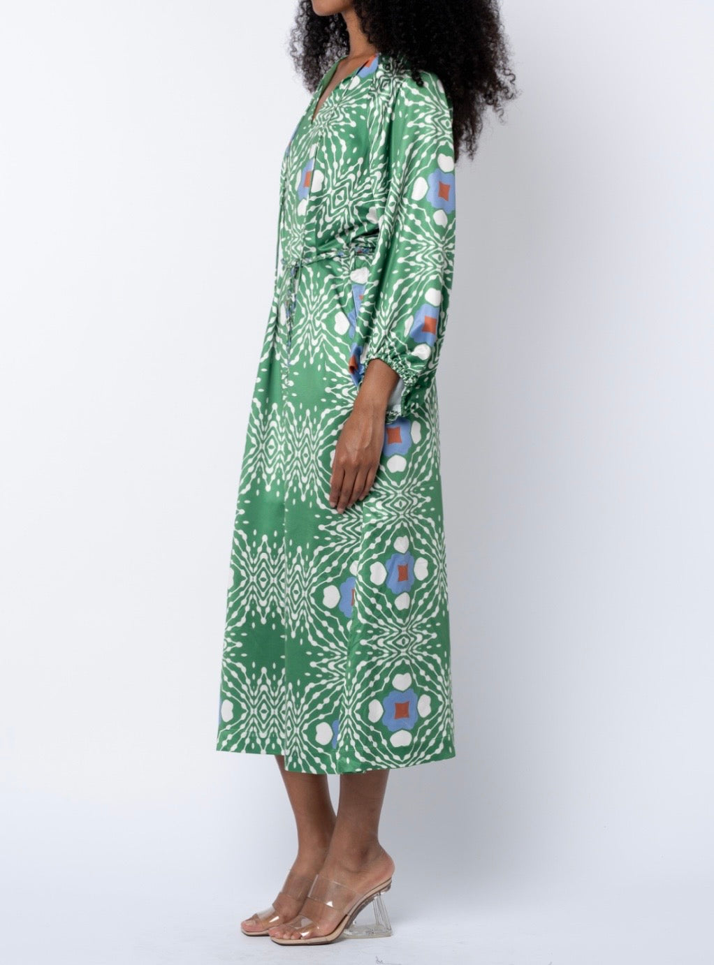 GREEN MULTI GEO PRINT JARDIN MIDI DRESS