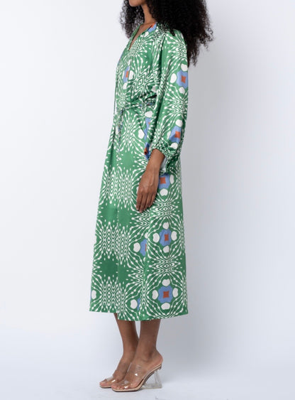 GREEN MULTI GEO PRINT JARDIN MIDI DRESS